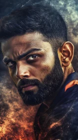 Intense male portrait with dramatic lighting and smoke effects