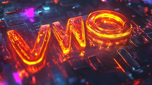 Glowing Neon VWO Letters on Futuristic Circuit Board Background.