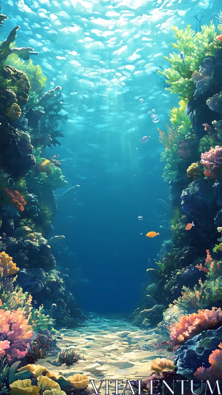 Sunlit coral canyon inviting you into a calm blue wonderland.