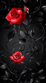 Red roses with ornamental foliage on dark background.