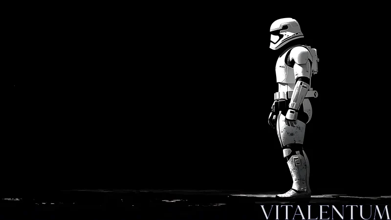 Lone armored trooper standing quietly in deep space shadows.