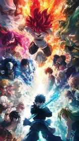 Elemental anime clash with central duel of fire and ice.