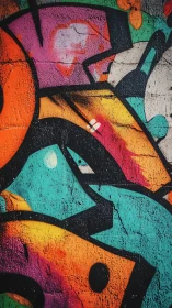 Urban turquoise and orange graffiti geometry on concrete wall.