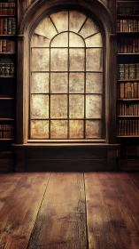 Tall arched library window centered between full bookshelves