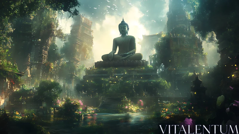 Large seated Buddha statue in overgrown temple complex.