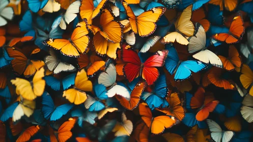 Vibrant multicolored butterflies in dense kinetic swarm composition.