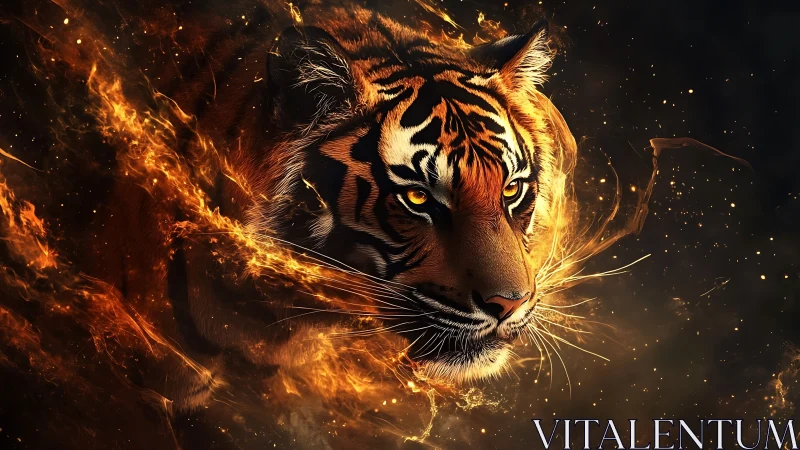 Fiery tiger portrait emerging through molten light vortex.