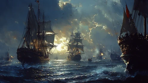 Firelit tall ships crossing a stormy twilight sea.