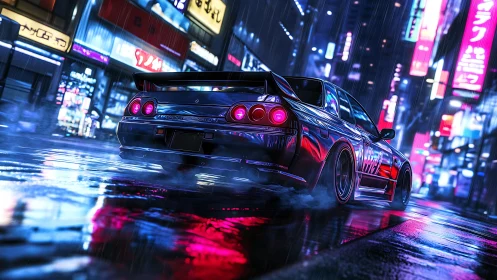 Neon city drift night with a sleek street racer cruising.