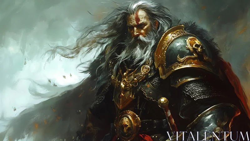 Weathered warlord wrapped in stormlight and gold armor.