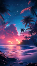 Tropical shoreline shows neon sunset under starry night sky