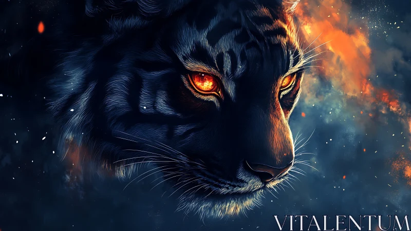 Infernal tiger portrait with molten ember eyes, cosmic fire