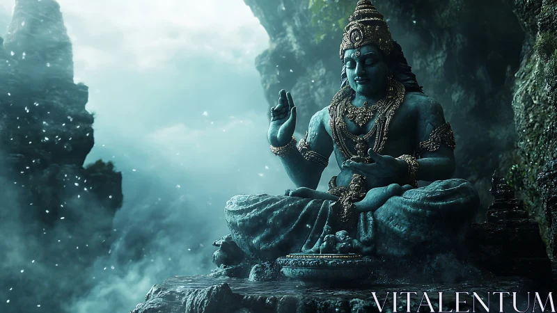 Monolithic teal deity statue in mist-laden mountain cavern.