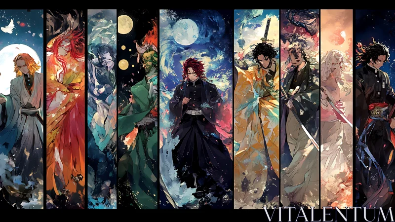 Anime elemental warriors in vertical triptych-style composition.