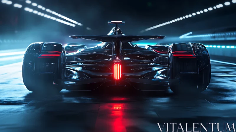 Futuristic race car accelerates through neon tunnel night
