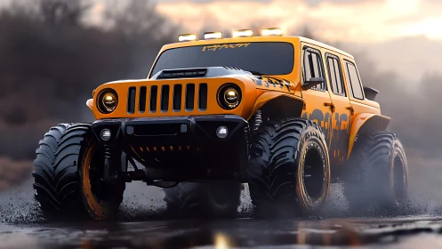 Mud-crowned desert beast jeep storms twilight horizon.