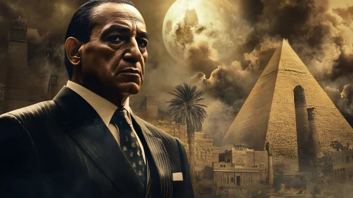 Stern suited man before Egyptian pyramid at night.