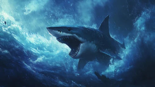 Hydrodynamic shark breach amid turbulent storm surge rendering.