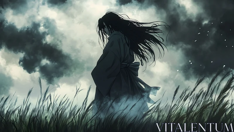 Solitary figure in windy grassland under heavy clouds.