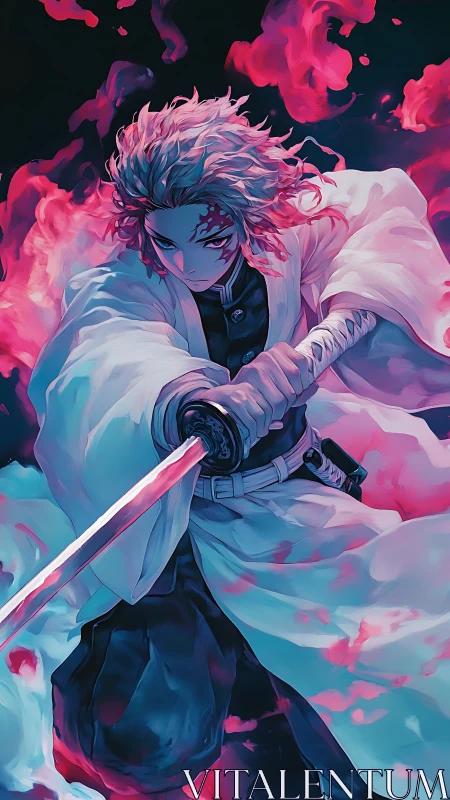 Sword-wielding anime warrior ignites battle with burning focus