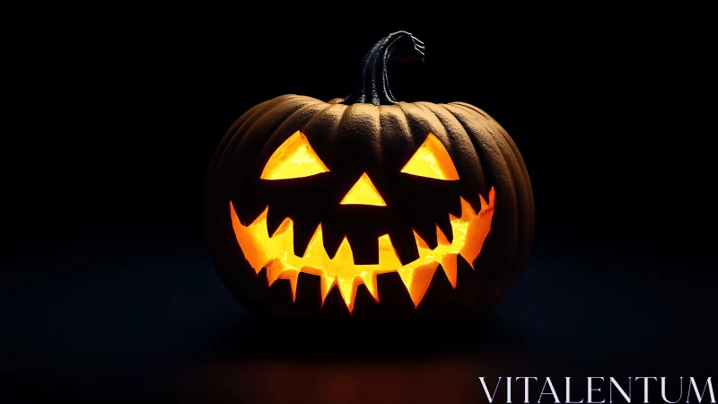 Illuminated carved pumpkin jack-o-lantern against darkness.