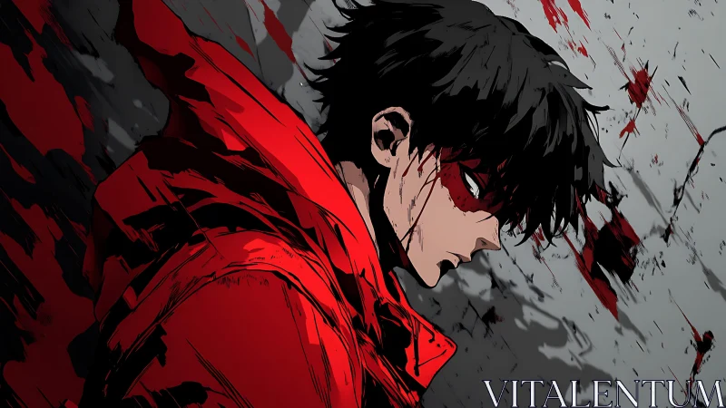 Brooding anime fighter in bloodstained red urban frame.
