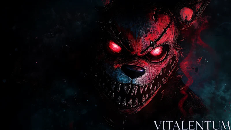 Demon-eyed nightmare bear grins through electric crimson shadows.