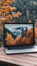 Laptop on wooden table mirroring vibrant autumn forest scene.