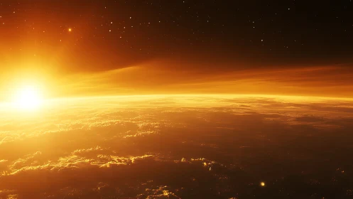 Golden sunrise above a quiet planet’s glowing horizon.