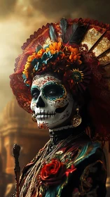 Calavera figure in ornate costume stands under dramatic sky