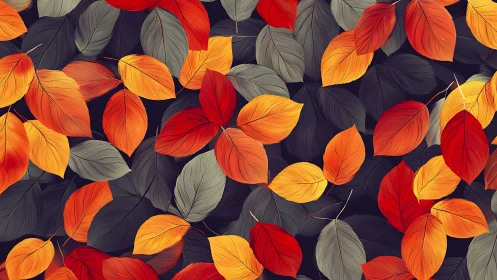 Cozy autumn leaves in warm reds, golds, and soft grays.