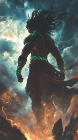 Storm-forged titan rises from fire against raging heavens