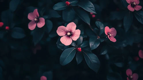 Pink Four-Petaled Flowers with Teal Foliage in Moody Backdrop.