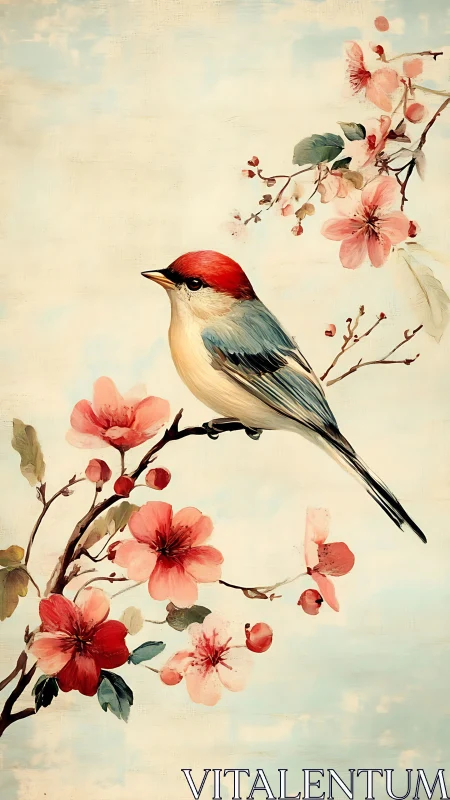 Red-capped songbird on blooming branch in soft pastels.
