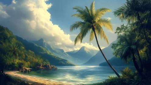 Tropical Paradise Beach with Palm Trees and Mountain Lake.