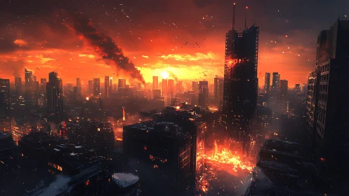 Burning futuristic city skyline collapses under fiery sunset