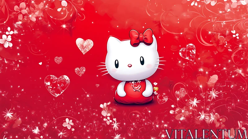 Hello Kitty Character with Hearts and Floral Decorative Background