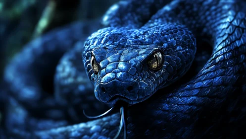 Cobalt viper portrait with macro-detailed iridescent scales.