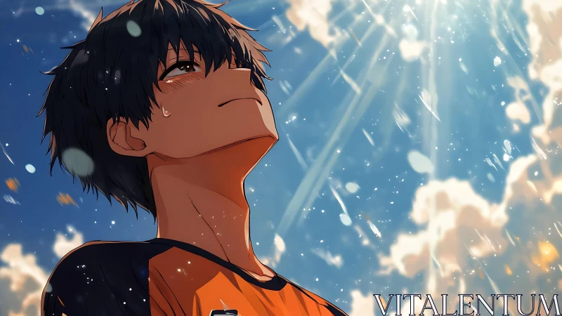 Anime boy in sports jersey under bright sky with clouds.