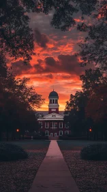 Crimson campus tower crowned by a fierce, burning sunset sky.