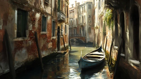 Digital painting of sunlit Venetian canal with moored gondola.