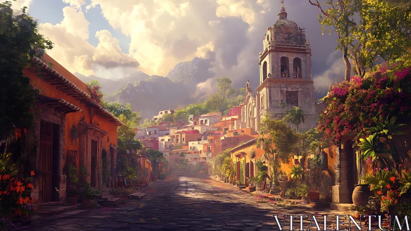 Digital painting of sunlit colonial street and hillside village.
