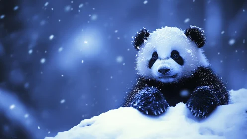 Snowflake-dusted panda cub studies the quiet blue night