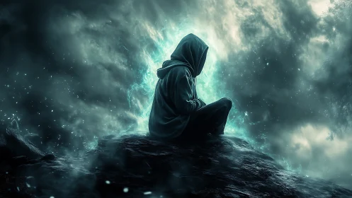 Hooded silhouette amid turbulent teal energy vortex field.
