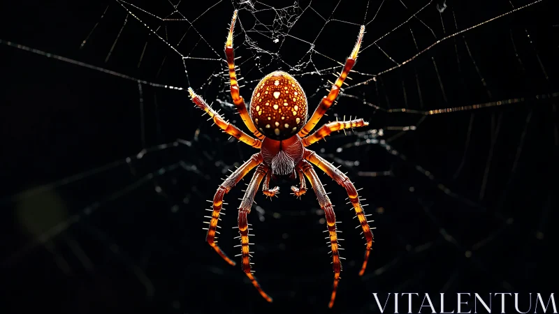 Macro capture of orange orb-weaver spider on silk web at night