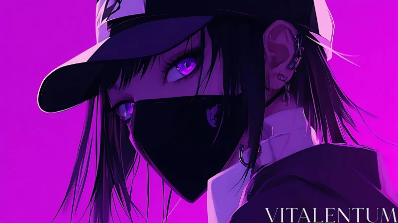 Neon-lit masked anime girl portrait in high-contrast violet tones