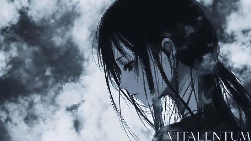 Melancholic anime profile in monochrome storm clouds.