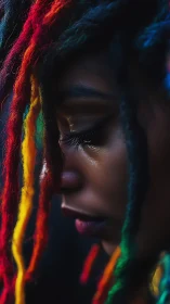 Oblique closeup isolates colorful dreadlocks and reflective skin surface
