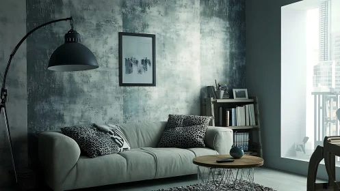 Contemporary loft living room with teal concrete wall finish