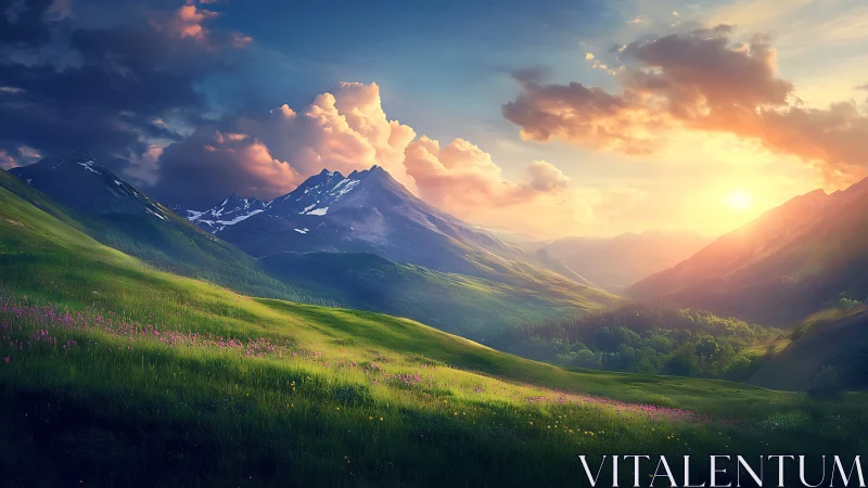 Radiant alpine valley under volumetric sunset illumination.